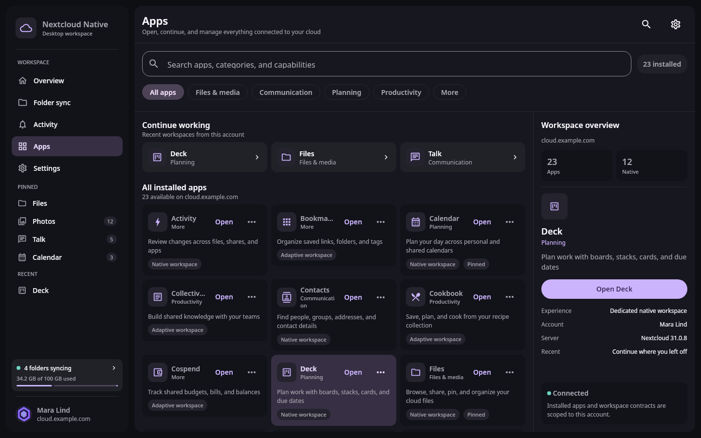 Nextcloud Native desktop Apps workspace with pinned tools, recent work, categories, search, installed app cards, and the persistent sidebar