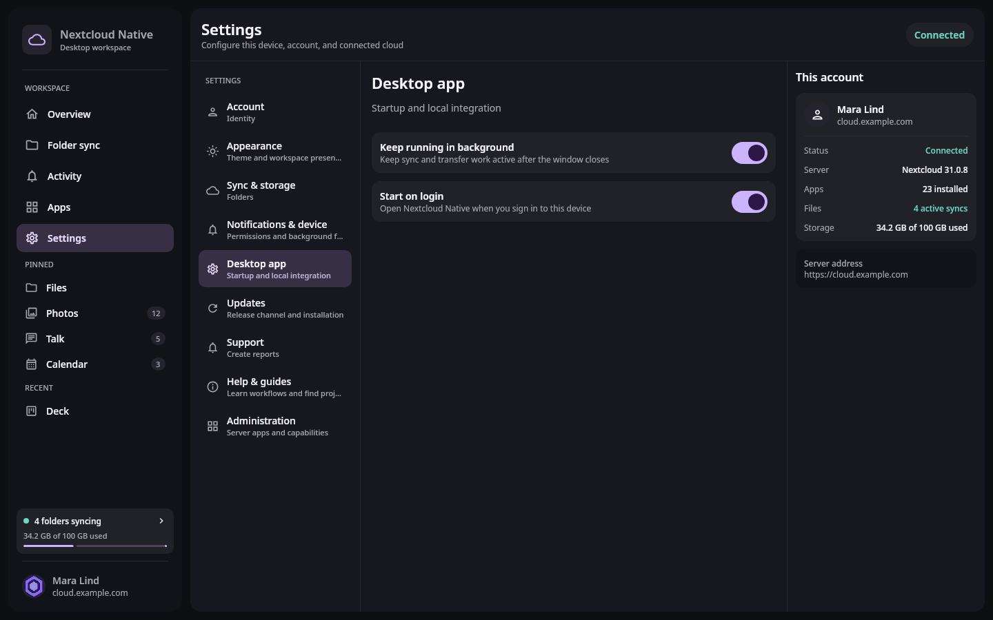 Nextcloud Native desktop Settings workspace with account, appearance, sync and storage, notifications, desktop app, updates, help, and administration sections